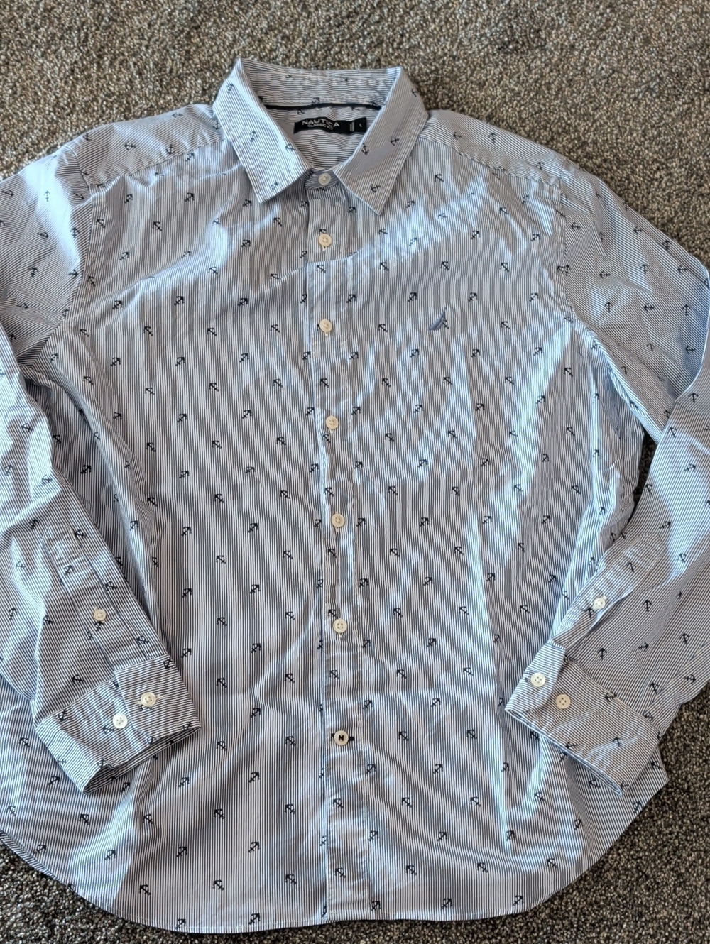 Nautica Light Blue Striped Button-Down with Navy Anchor Print